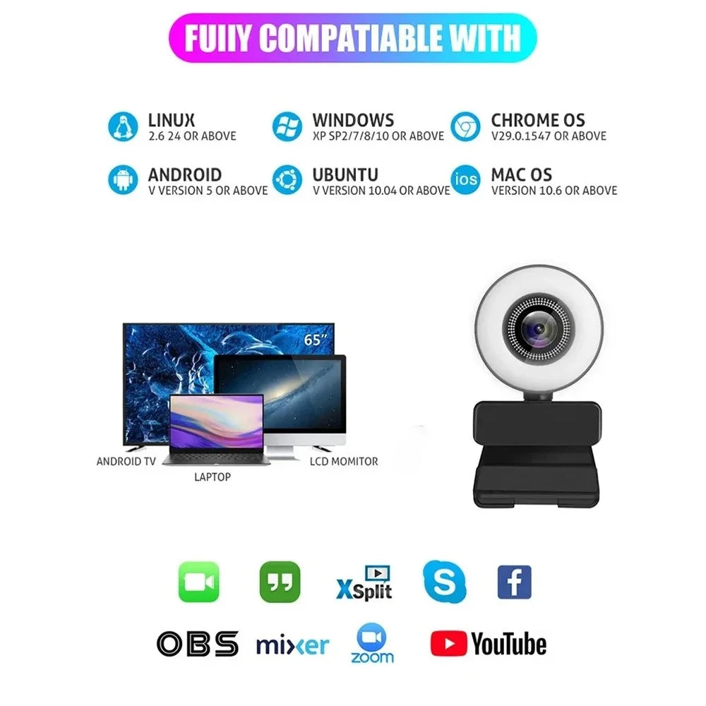 4K 2K 1080P Webcam Light Control Full HD 8MP Webcam PC Laptop Auto Focus Live Streaming Flexible with Microphone Live