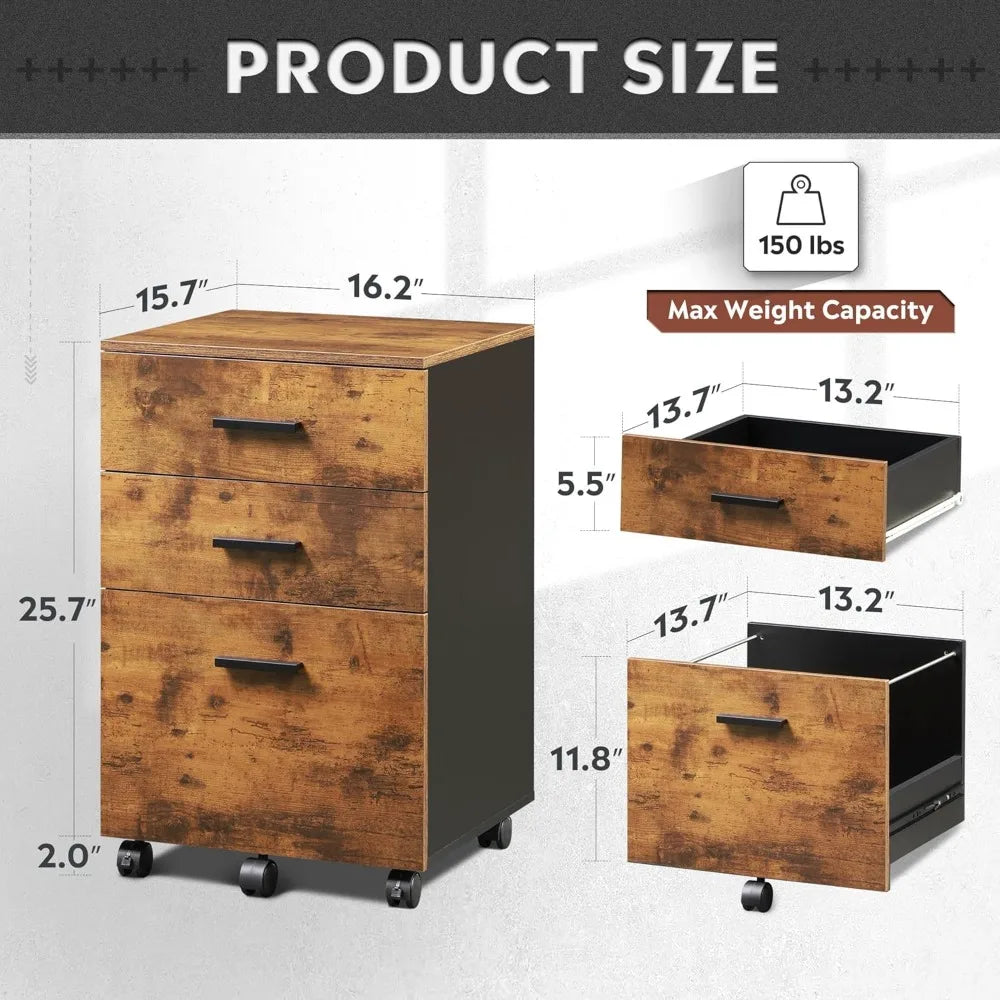 3 Drawer Wood Mobile File Cabinet Rolling Filing Cabinet for Letter/A4 Size