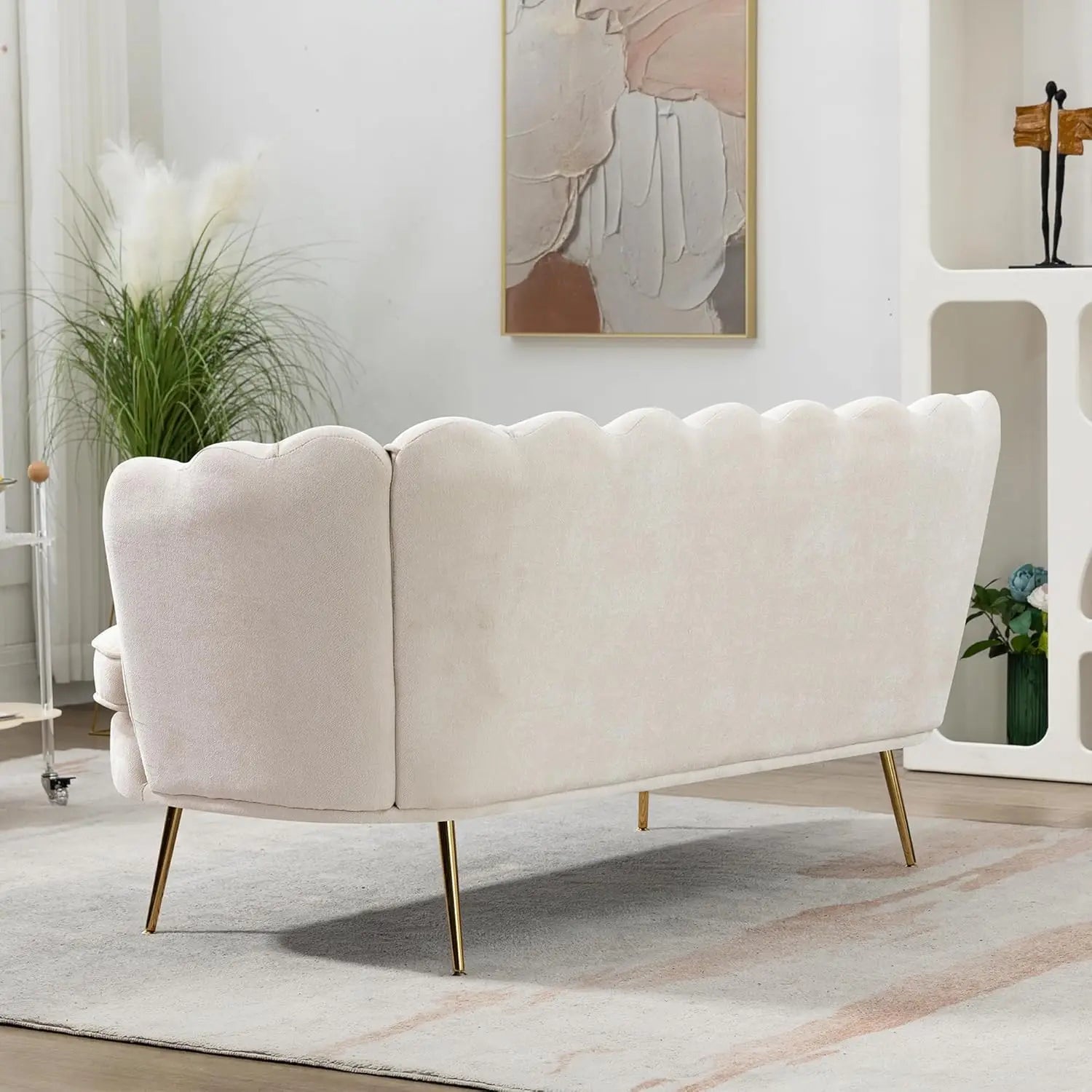 59” Small Modern Chenille Loveseat Sofa 2-Seater Sofa with Gold Metal Legs Small Couch with Flower Shaped Back