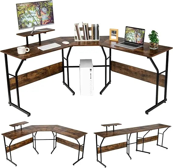 L-Shaped Reversible Computer Desk 2 Person Long Computer Workstation w/Movable Monitor Stand Large Home Office Corner