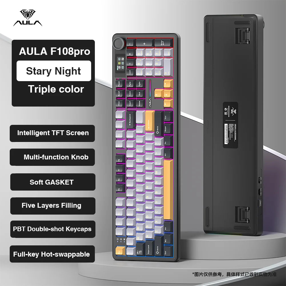 AULA F108 pro Wireless Bluetooth Keyboard Macro Gaming keyboard Gasket Hot-swap Full Size Keyboard with TFT Smart