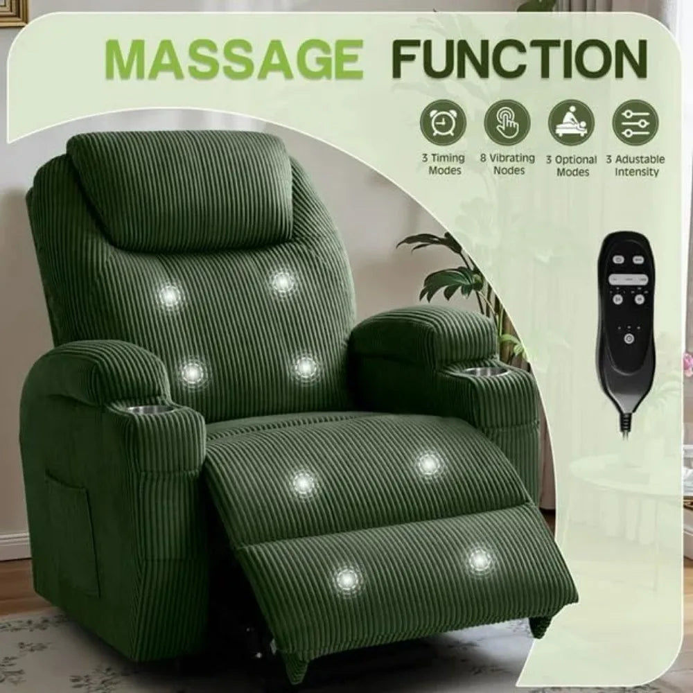 Massage Electric Power Lift Recliner Chair for Seniors with Corduroy Fabric Cup Holders and Side Pockets - White