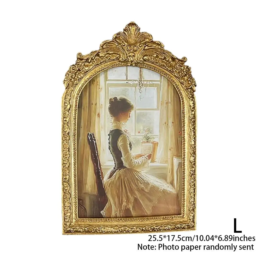 Antique Arch Shaped Photo Frame Gold Carved Embossed Resin Picture Frame Home Office Photo Display Tabletop Wall