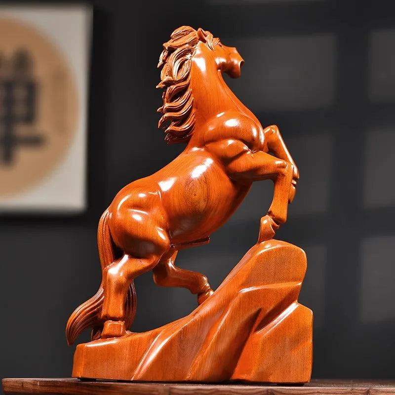 Rosewood Carved Horse Statue - Wealth Lucky Zodiac Horse Decor for Home/Office Desk Chinese Feng Shui Craft Gift