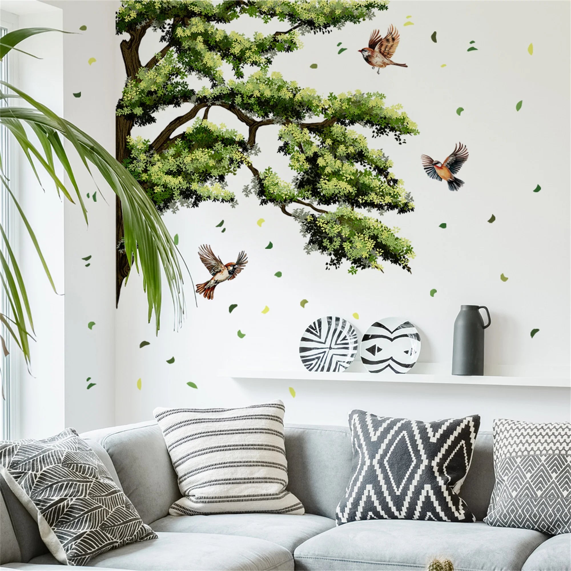 Green Leaves and Birds Wall Decals 3 Piece Set Nature Inspired Wall Sticker for Home Decor Living Room Office