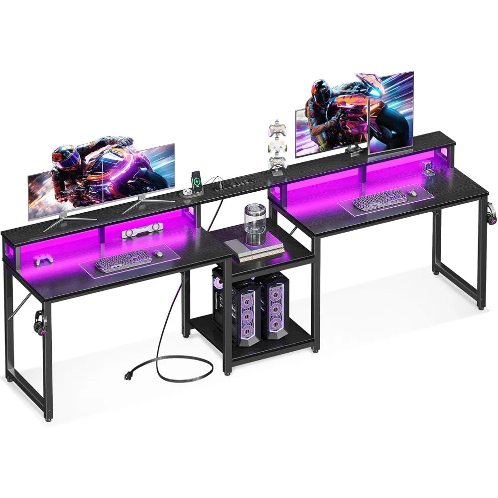 98 Inch 2 Person Gaming Desk with Storage Shelves- Long Double Home Office Computer Desks with USB Charging Port & LED