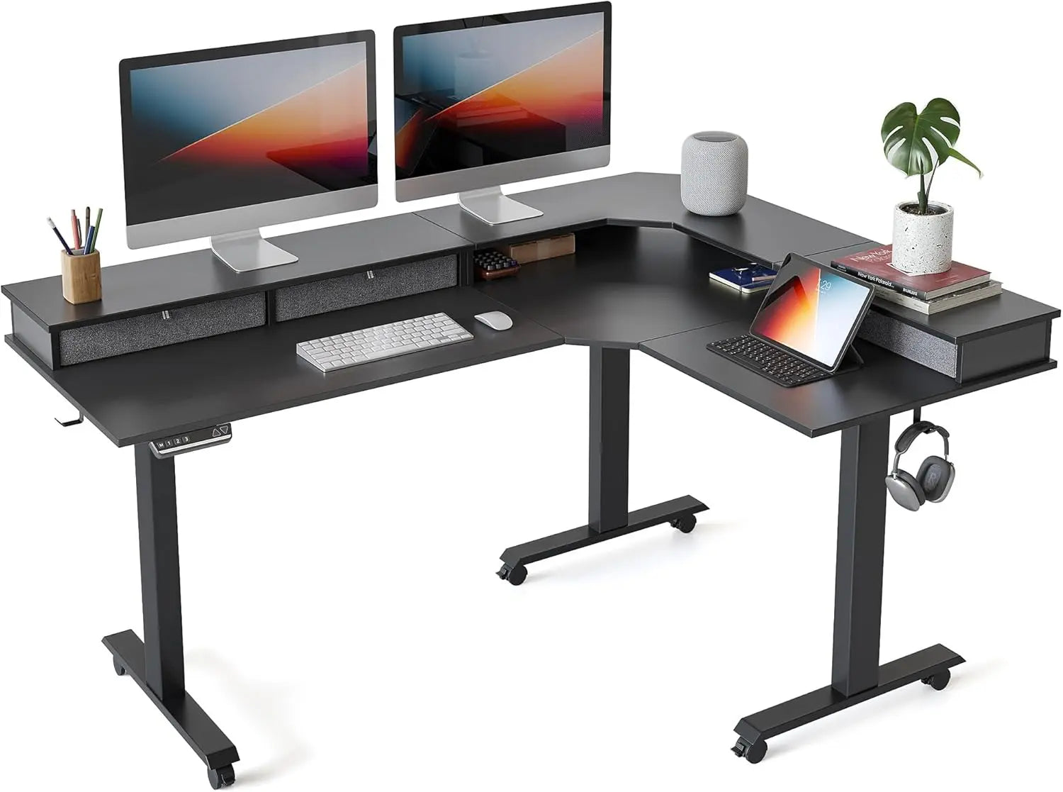 L Shaped Standing Desk with Drawers Exclusive Upgraded 3 Motors Support 330LBS Electric Height Adjustable L Standing