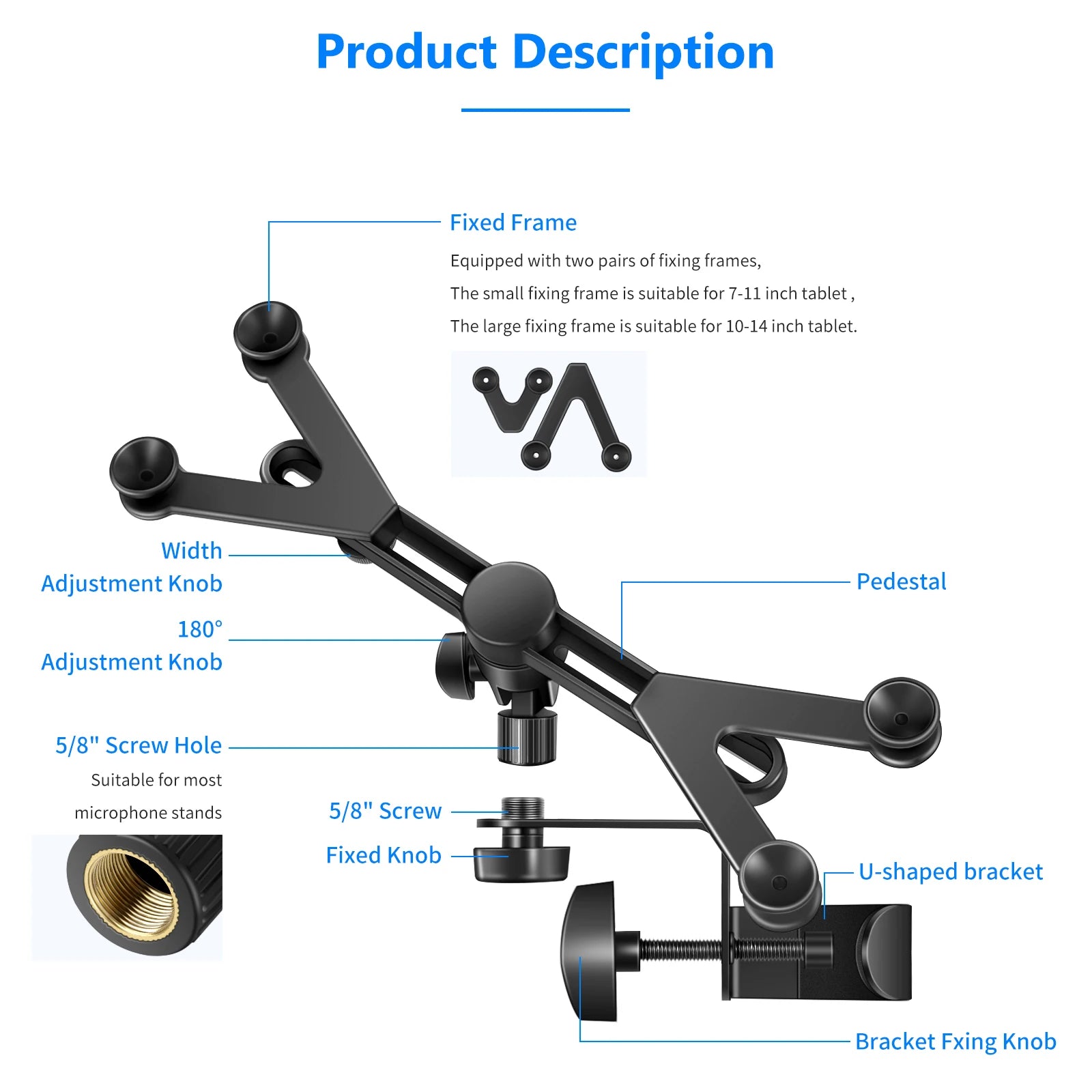 7-14 inches Adjustable Tablet Holder Mount 360 Degree Swivel Clamp For Microphone Stand for Apple iPad Pro Air Mini