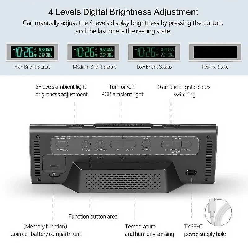 70 Colors Digital Alarm Clock TEMP Humidity Date with 9 Colors RGB Mood Light 2 Alarm Snooze Table Clock 12/24H DST LED
