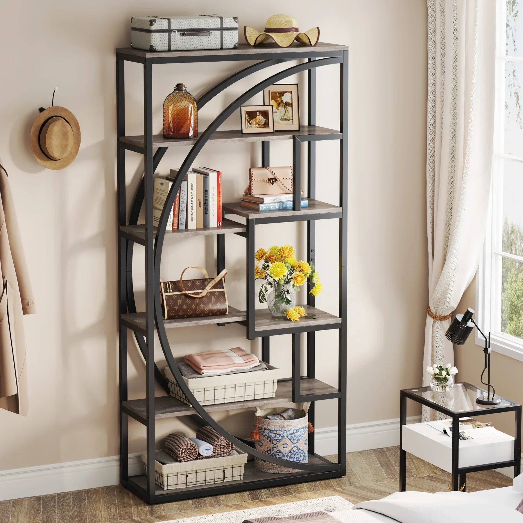 Tribesigns Bookshelf Industrial 5-Tier Etagere Bookcase 70.8 inch Tall Bookshelf with 8 Open Storage Shelf Vintage Grey