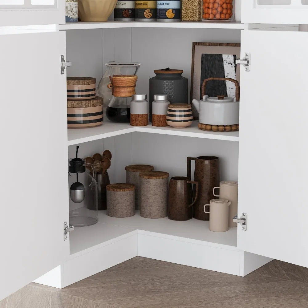 Corner Glass Door Bookshelf L-Shaped 5-Tier Bookcase Tall 78.9 Kitchen Corner Storage Cabinet Grilled Glass Design