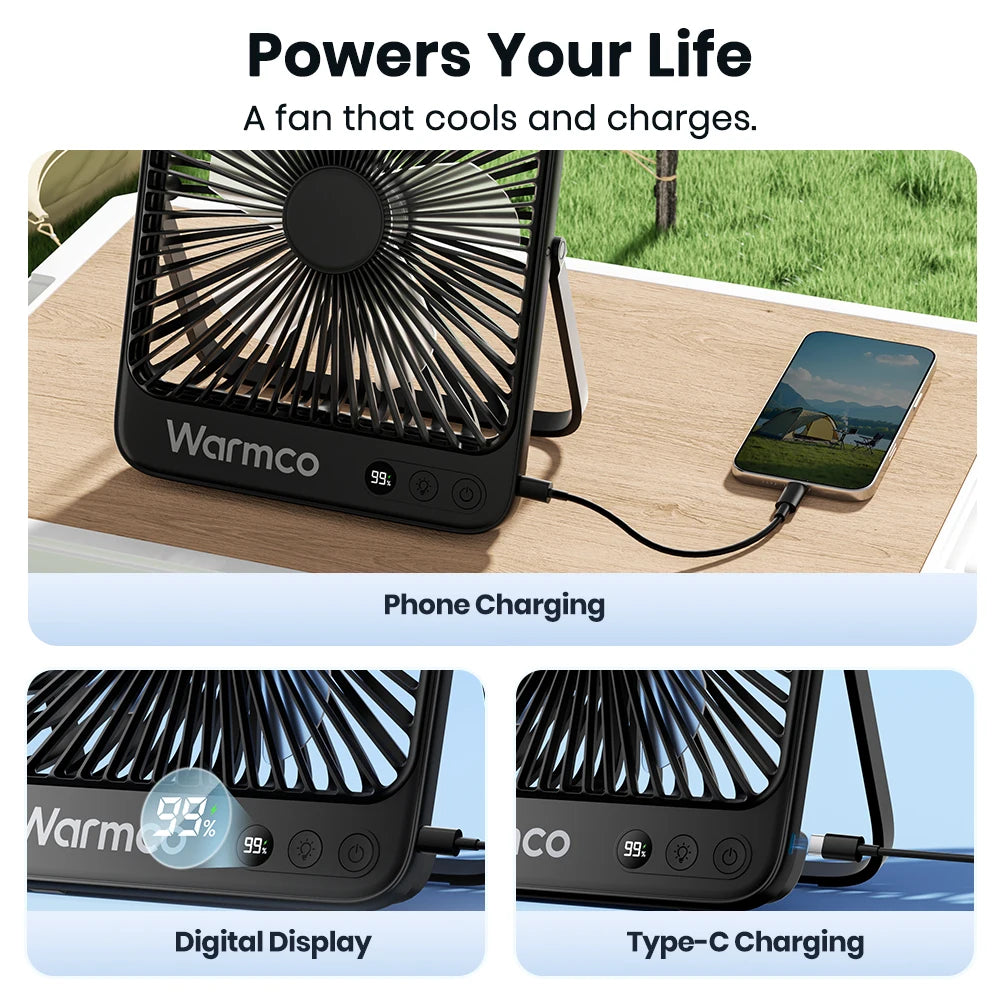 Warmco 20000mAh 8-inch Portable Camping Fan,LED Light Quiet Thin Battery Desk Personal Fan With Digital Display