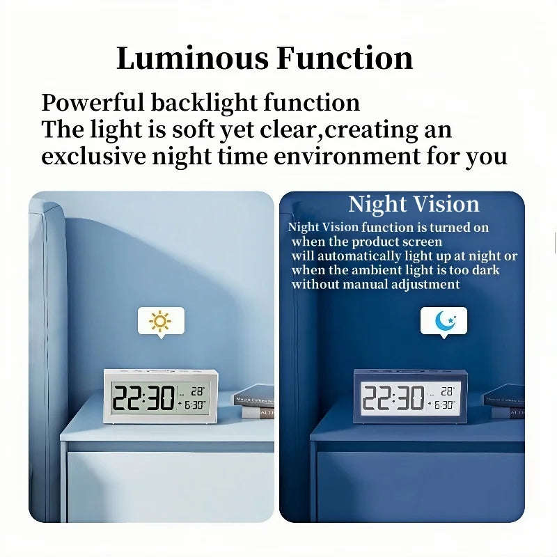 Battery Powered Digital Alarm Clock TEMP Date Backlight Night Vision Unlimited Snooze Table Clock 12/24H Auto Dimmable