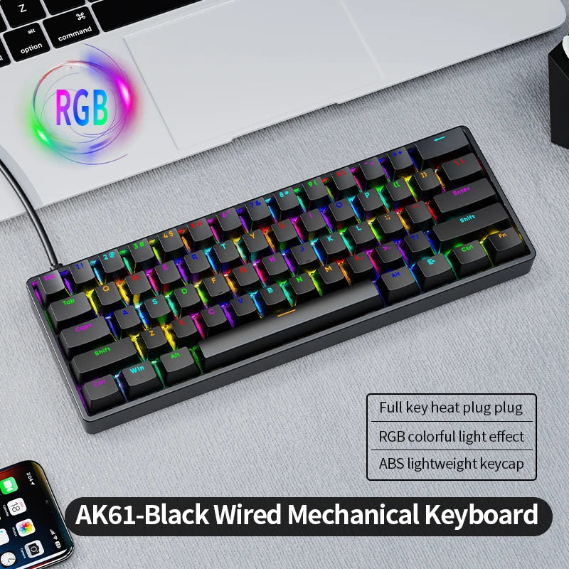 AK61 Gaming Pro 60% Wired Mechanical Keyboard with Hot-Swappable Sockets RGB 61 Keys Red Switch - AK61-Black / Red