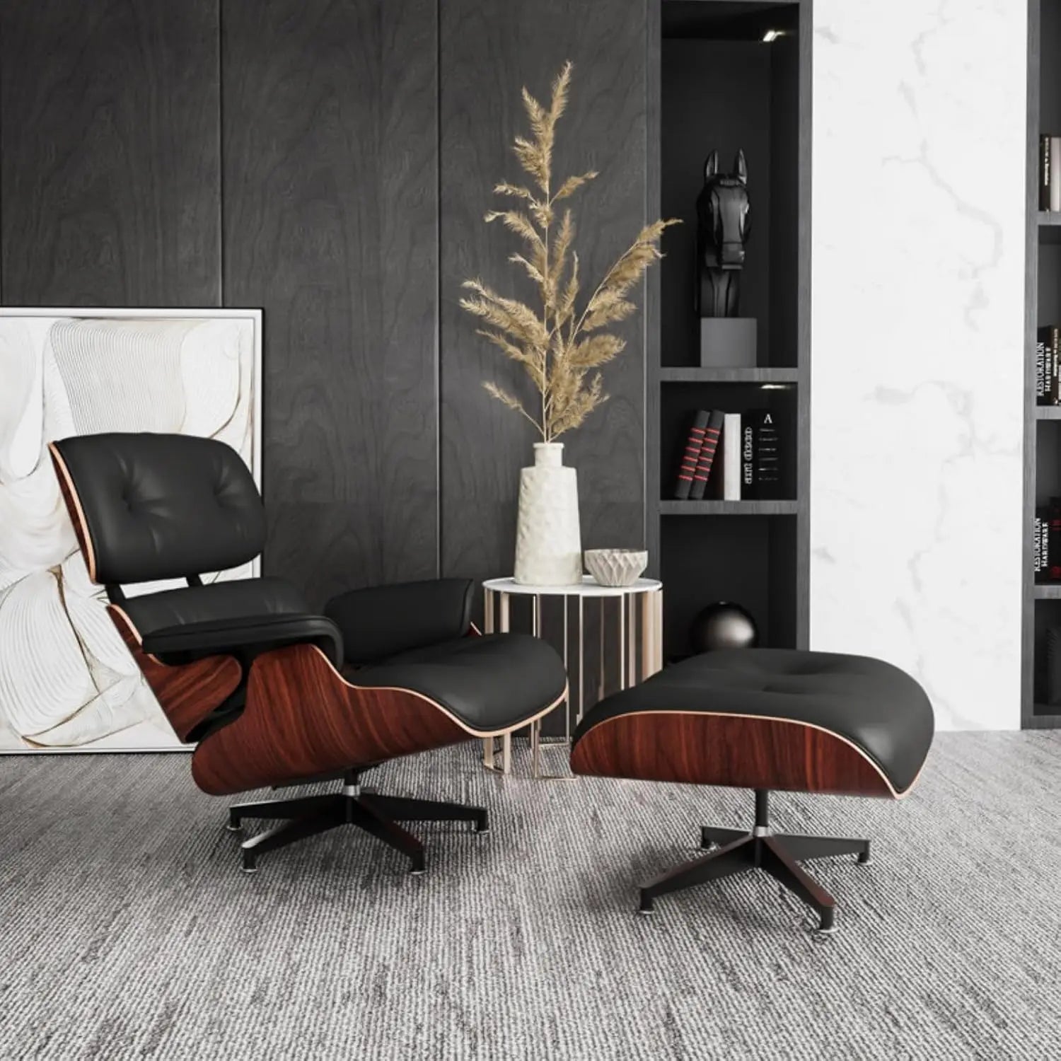 Mid Century Chaise Lounge Chair with Ottoman Top Black Grain Leather,Modern Office Chair Classic Design,Heavy Duty Base