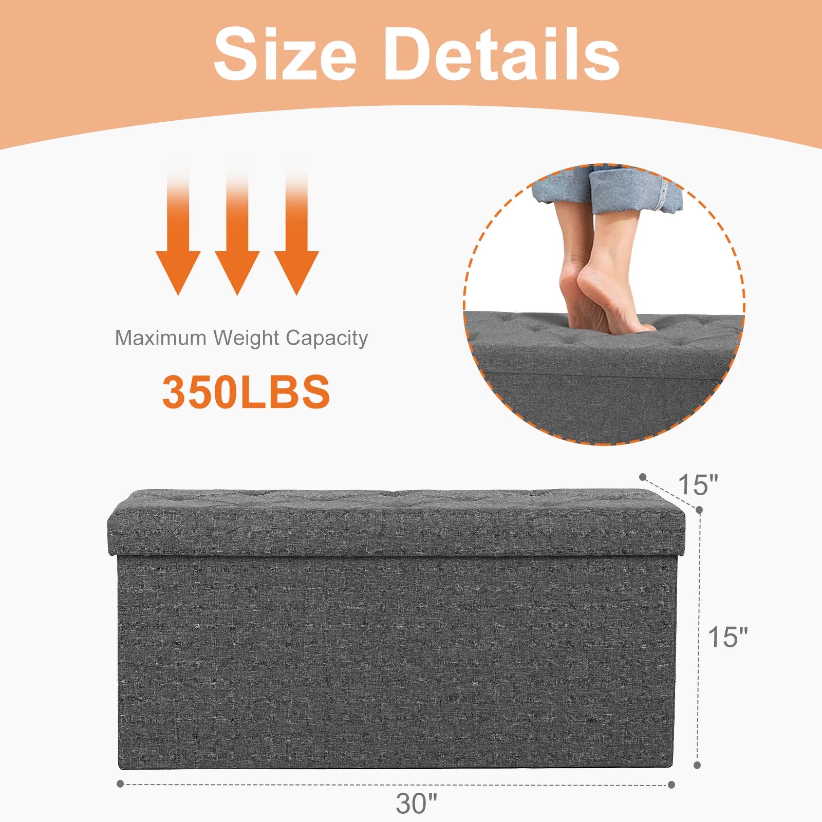 JHK Living Room Hidden Storage Footstool Toy Box Bedroom Bench Linen Fabric Easy Assemble Strong Load-bearing Capacity