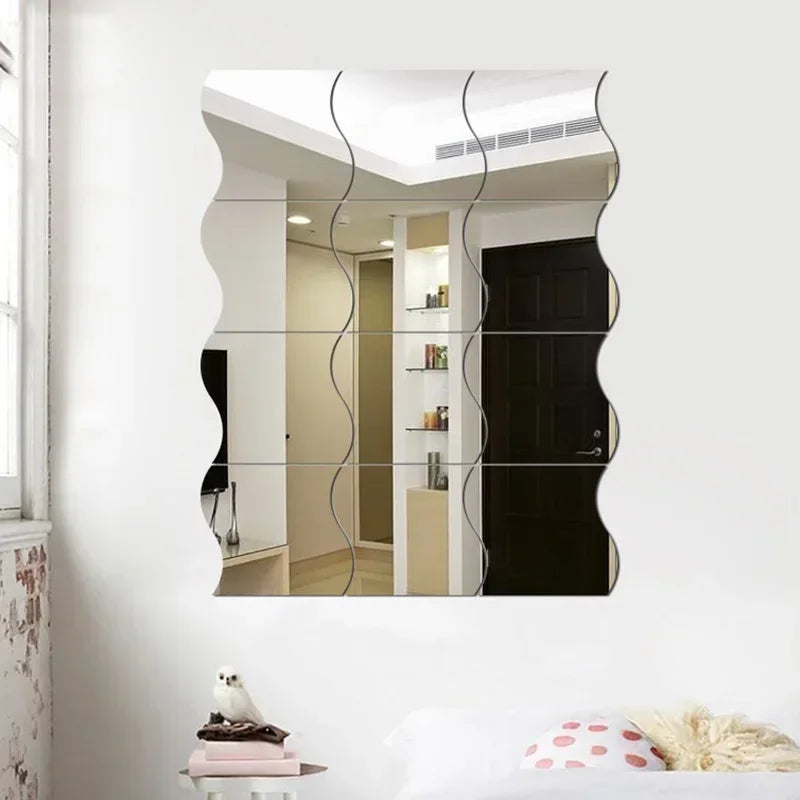 Modern Artistic Wall Panels Set - 3D Mirror Mosaic Stickers for Home/Office Interior Design (Wave Pattern) - Ssilver