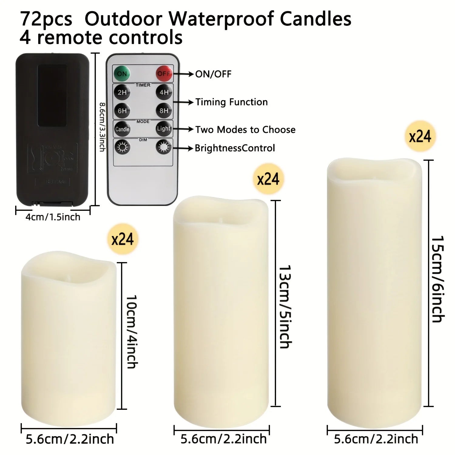 24/12 LED waterproof candle lights with 4 remote controls and timers (height 4 inches 5 inches 6 inches x depth 2.2