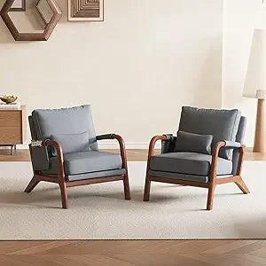 Mid Century Modern Accent Chair with Pillow & Pocket Upholstered Armchair with Solid Wood Frame & Soft Cushion