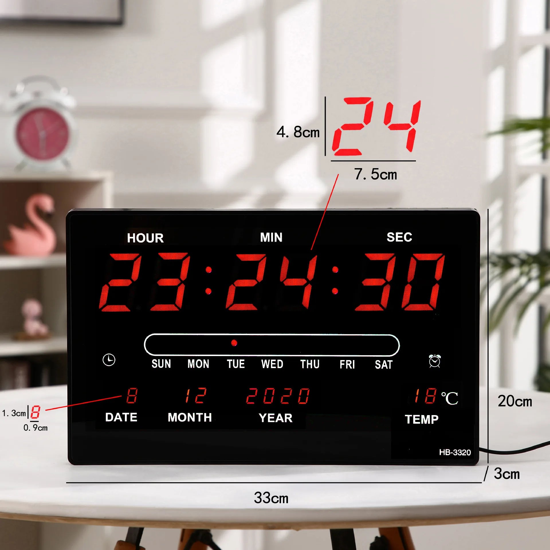 LED Digital Electronic Clock Backlight Large Digital Alarm Clock Temperature Calendar Bedroom Wall Calendar Clock - Red