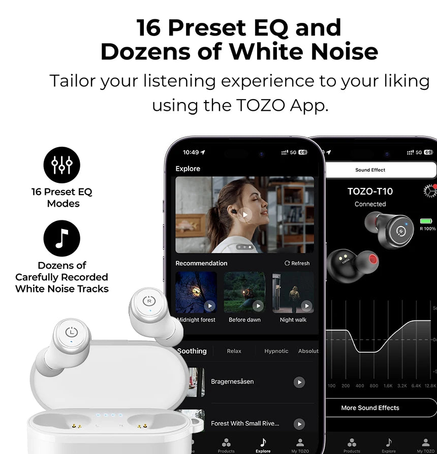 Refurbished TOZO Ergonomic Headsets TWS Earbuds AI Via APP Wireless Touch Control IPX8 HiFi Sound Stereo for IOS