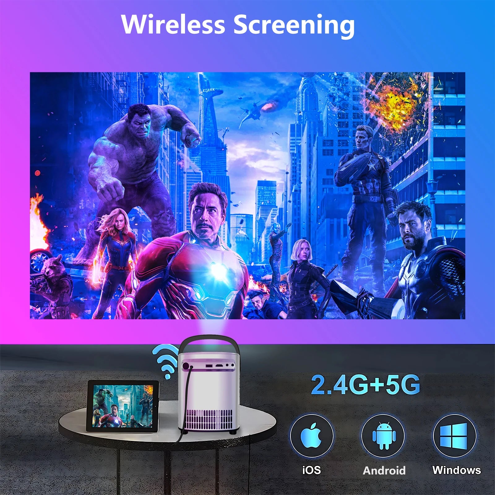 Projector with WiFi and Bluetooth Native 1080p Support 4K 12000 Lumens Portable Integrated Folding Handheld bracket
