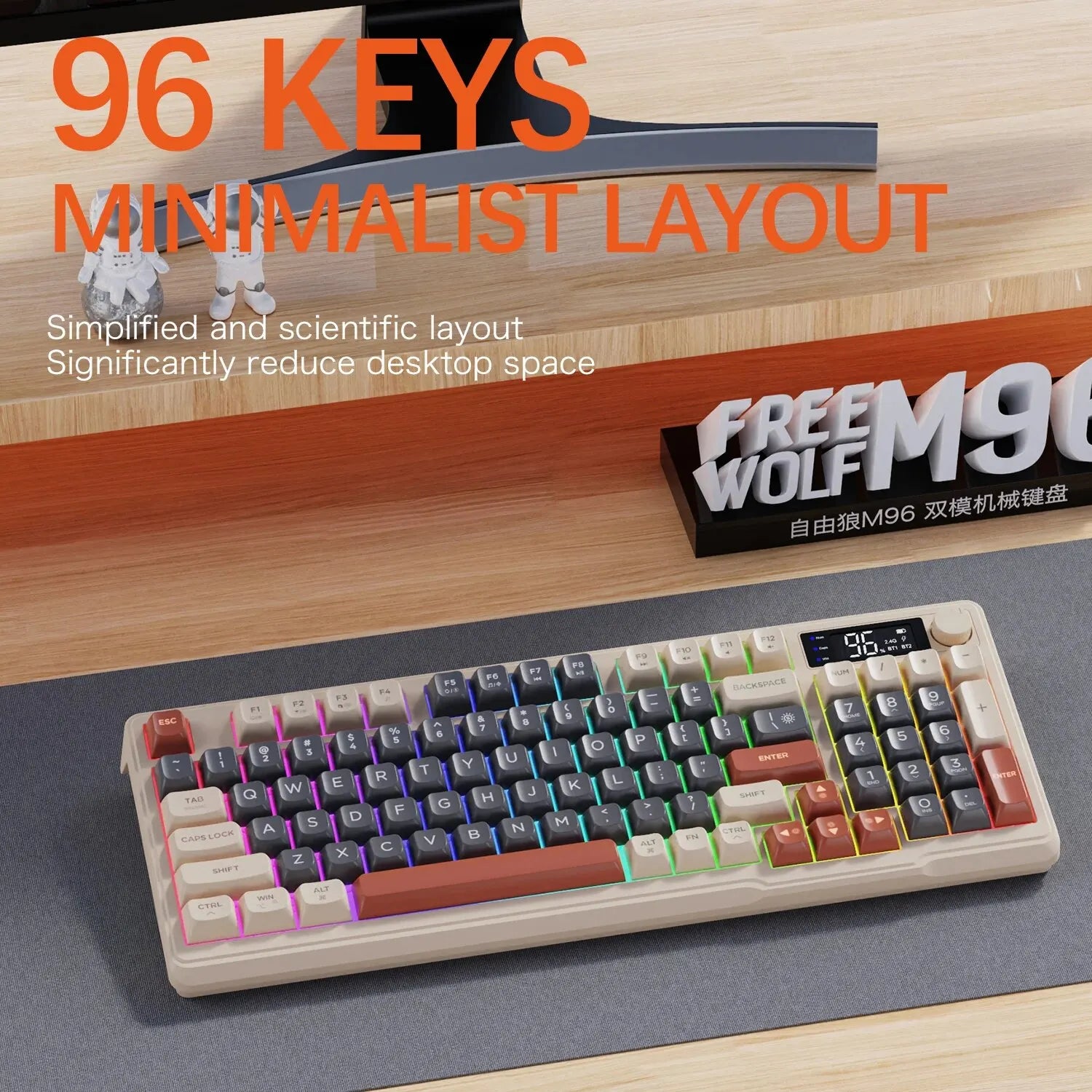 FreeWolf M96 Wireless Keyboard with Screen,Gaming Keyboard Bluetooth Dual-Mode Connection,Multi-Device