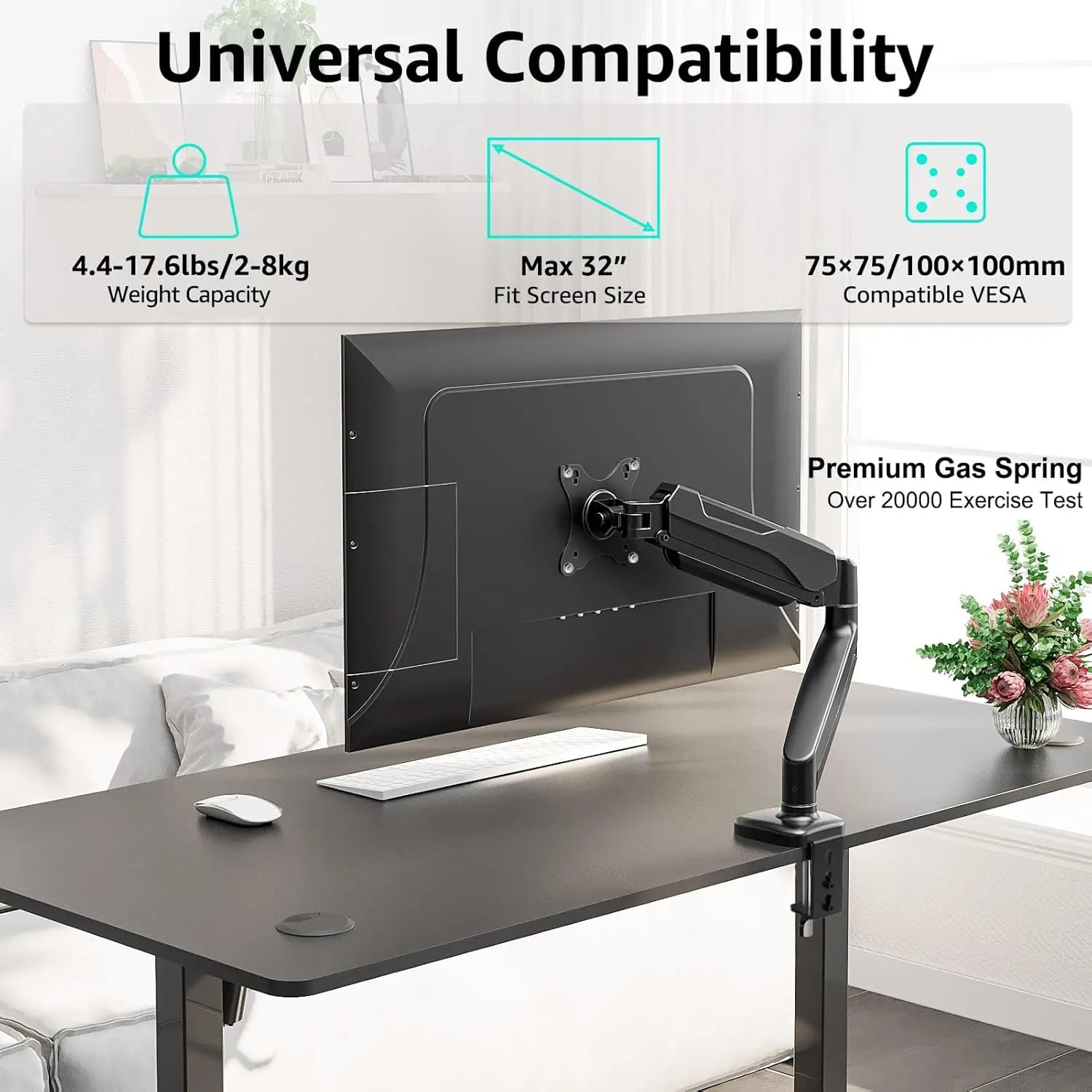 Redragon GMK914 Single Monitor Mount Stand Gas Spring Adjustable Arms with VESA 75/100mm 13-32 Inch Screen Compatibility