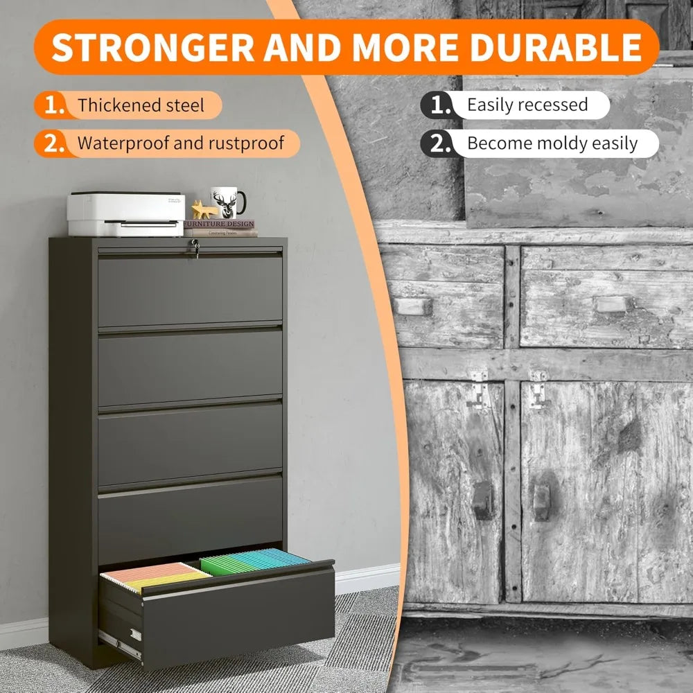 Locking File Cabinet with 5 Drawer Heavy Duty Large Metal Filing Cabinet Home Office Secure Lateral Organizer w/ Wheels