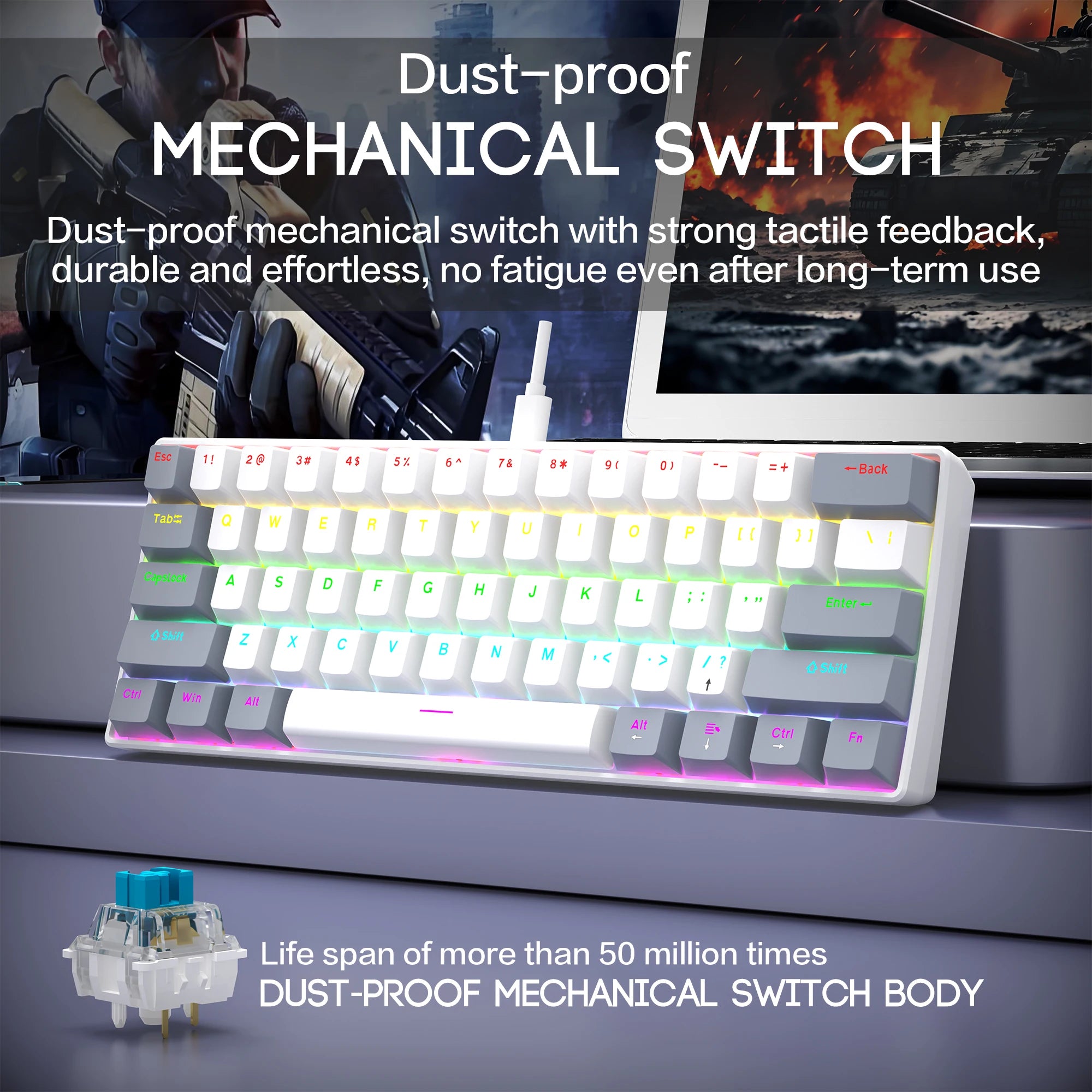 60% Wired Gaming Mechanical Keyboard RGB Backlit Ultra Compact Mini Layout for PC/Mac Gamers And Typists Easy Travel