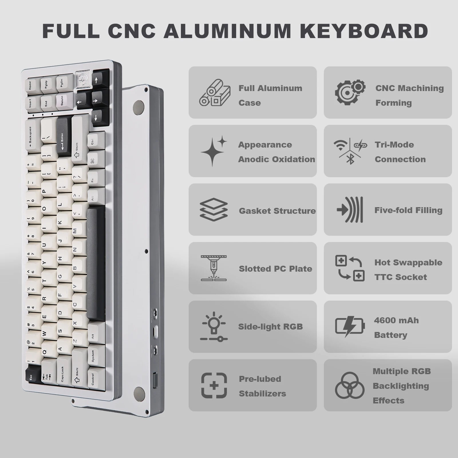 YUNZII AL71 Aluminum Mechanical Gaming Keyboard Hot Swappable Gasket Custom RGB Wireless Keyboard 71 Key Full CNC Study