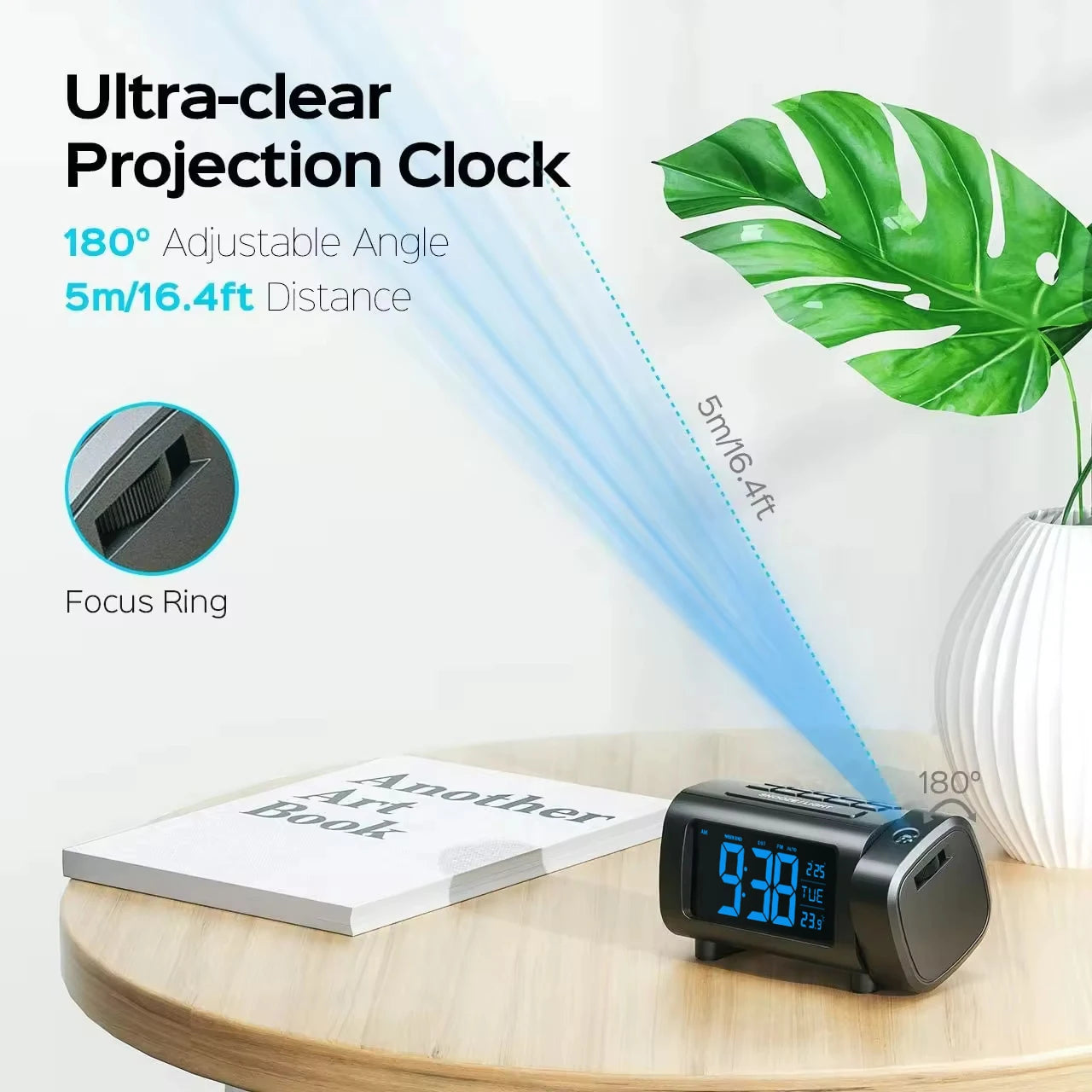Digital Projection Alarm Clock for Bedroom Radio Alarm Clock Temperature Monitor 4-Level Dimmer 12/24H Table Mute Alarm