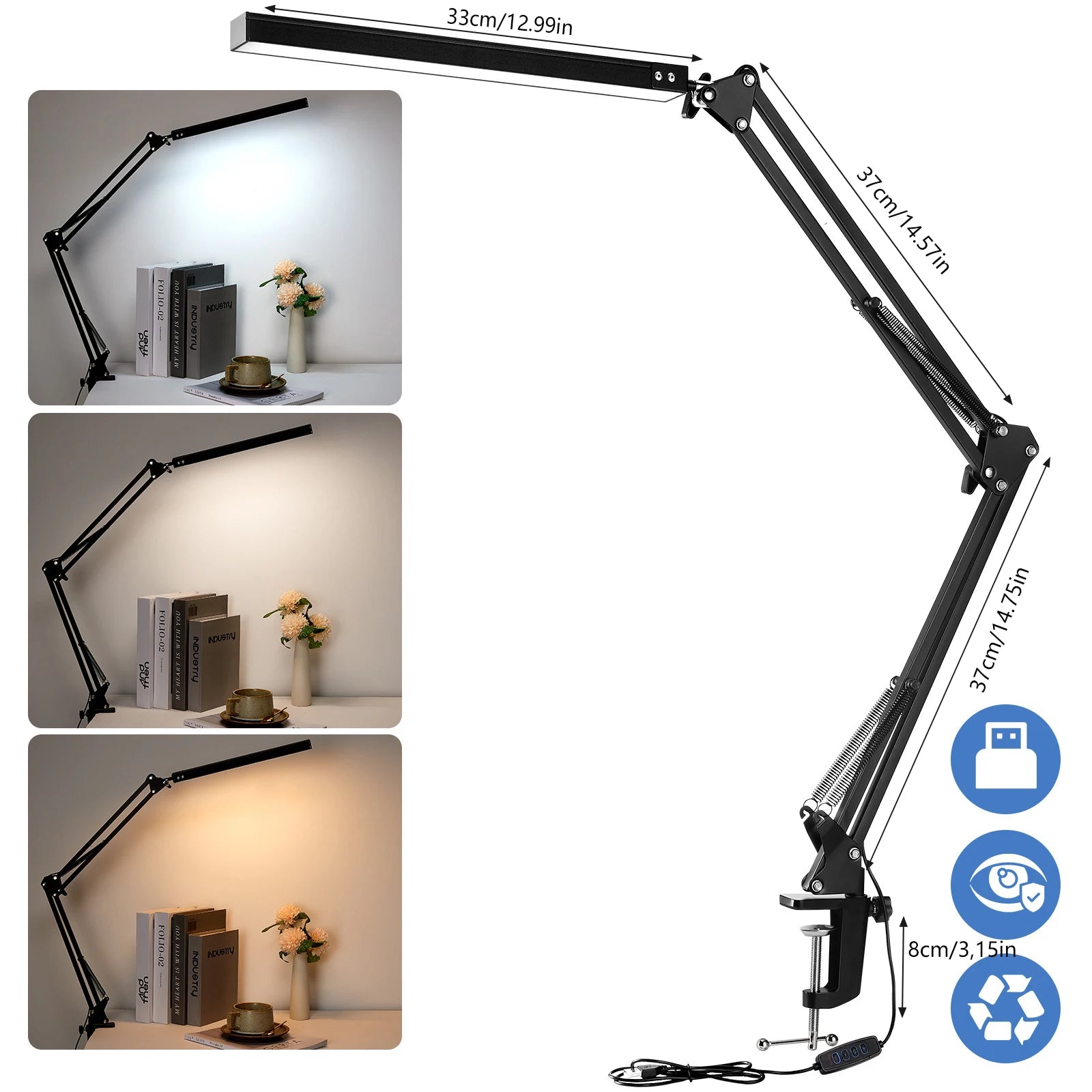 33CM LED Desk Lamp Adjustable Foldable Double Swing Arm Light Eye-Caring For Dormitory Study Office Architect Task Lamp
