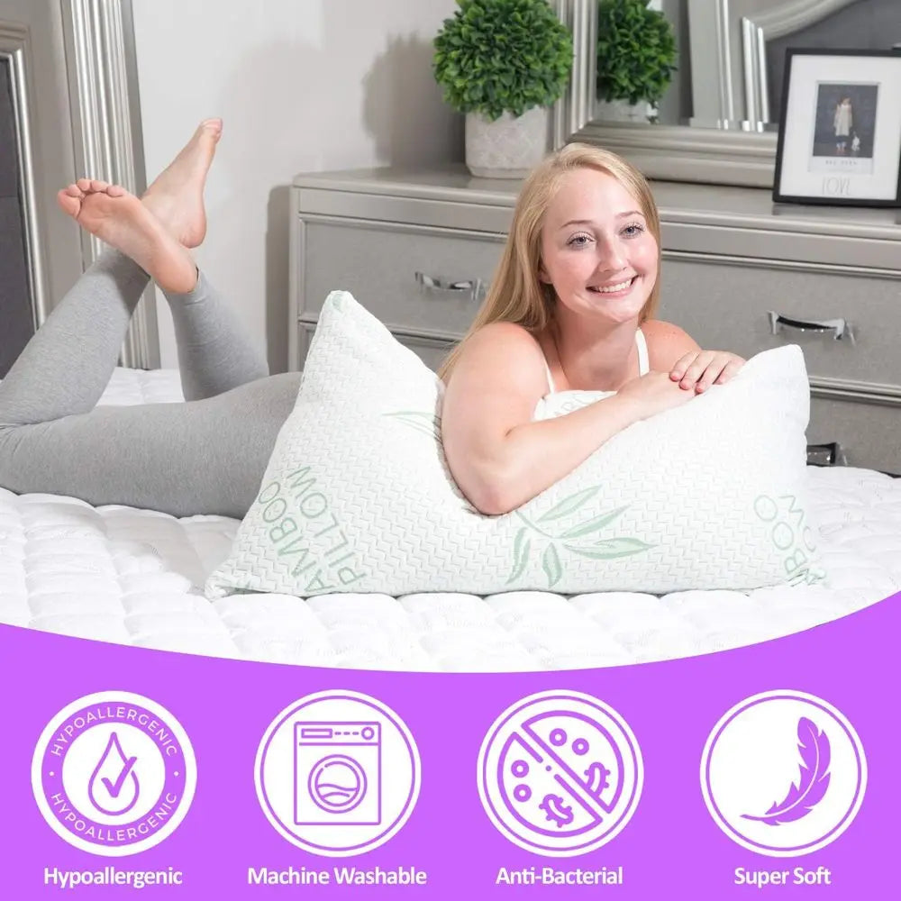 King Size Cooling Memory Foam Pillows Set of 2 – Shredded Foam with Removable Bamboo Rayon Cover for Comfortable Sleep