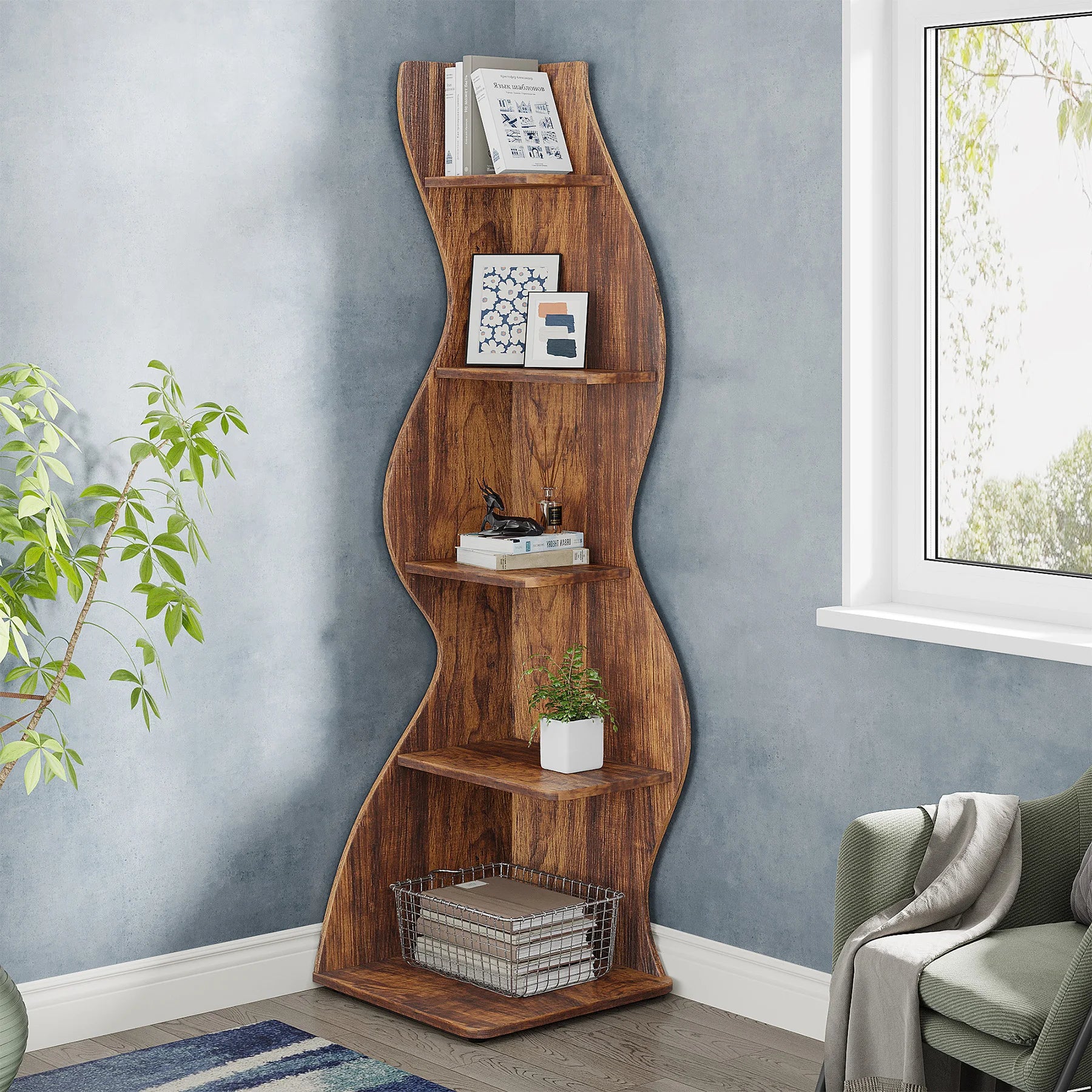 Tribesigns Corner Shelf Rustic 5-Tier Wall Corner Bookshelf Stylish Corner Small Bookcase Storage Rack Plant Stand