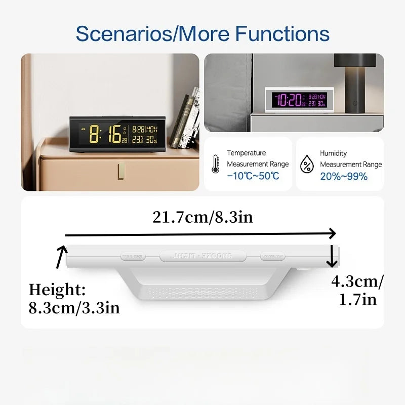 70 Colors Digital Alarm Clock TEMP Humidity Date with 9 Colors RGB Mood Light 2 Alarm Snooze Table Clock 12/24H DST LED