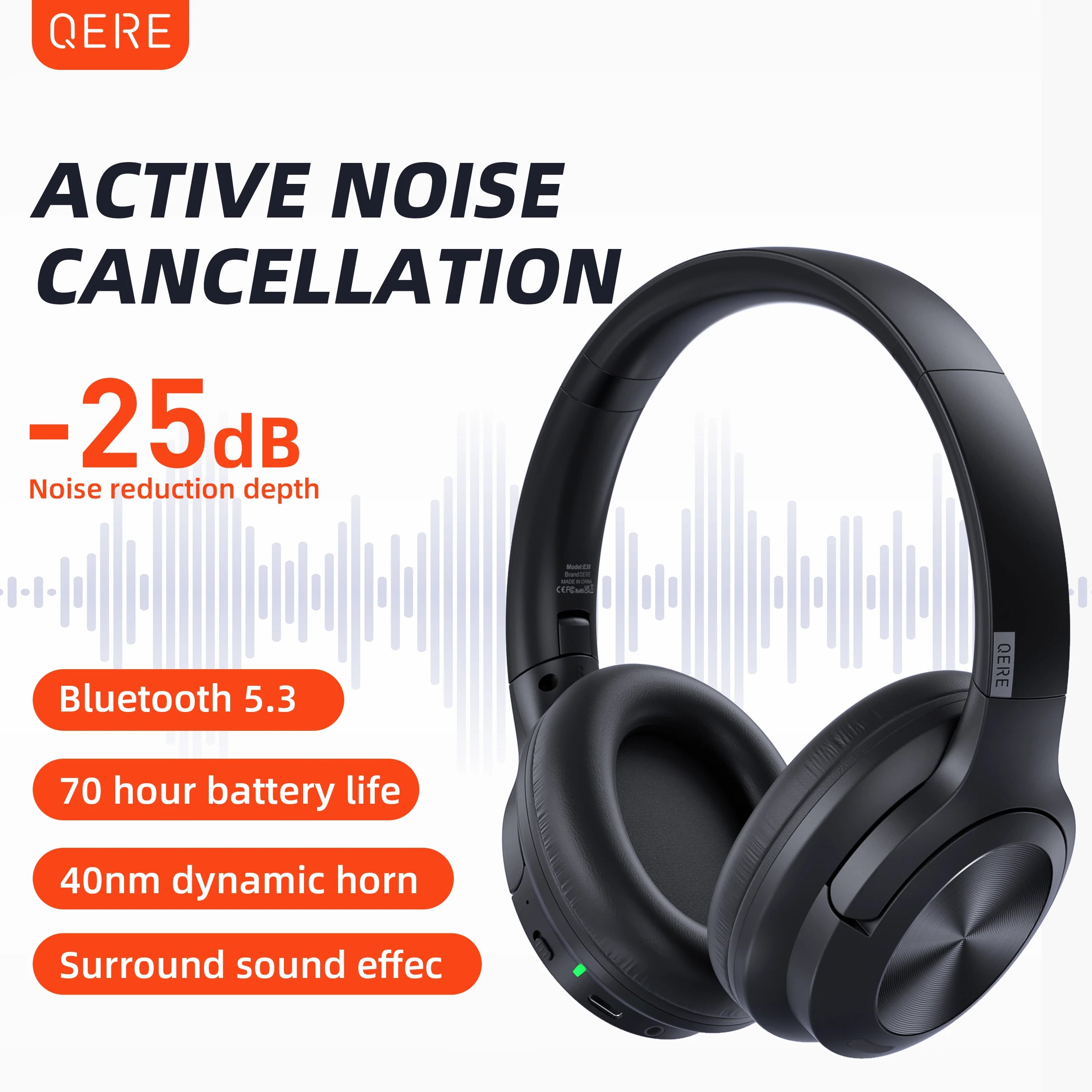 Wireless bluetooth headset QERE E80 Earphone 5.3 ANC Noise Cancellation Hi-Res Audio Over the Ear headphones 70H 40mm