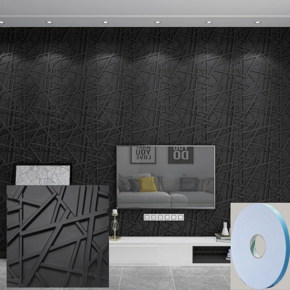 12/20/30pcs 3D pvc wall panels for indoor wall decoration for living room hall bedroom hotel office,including tape