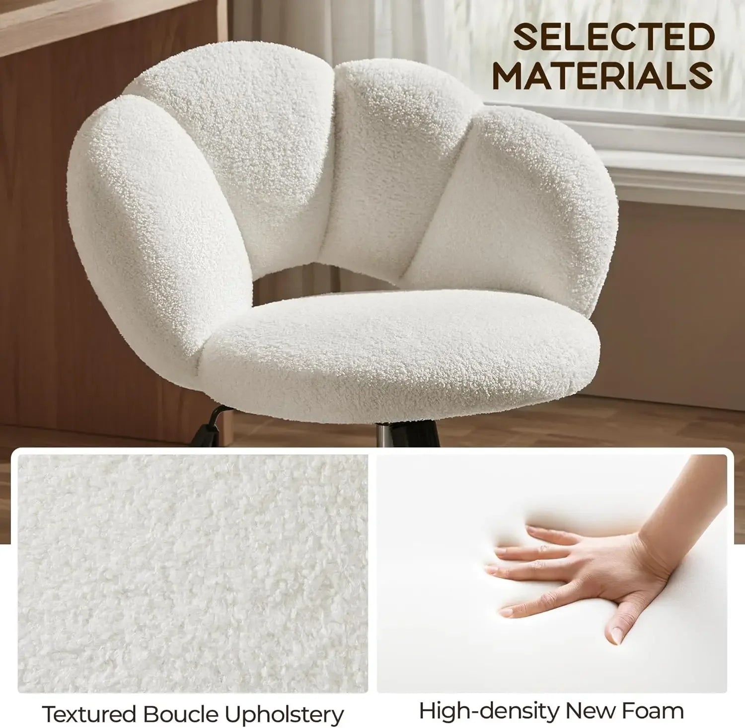 Boucle Upholstered Desk Chair Cloud-Shaped Vanity Adjustable Home Office Chair Computer with Rolling Wheels - United