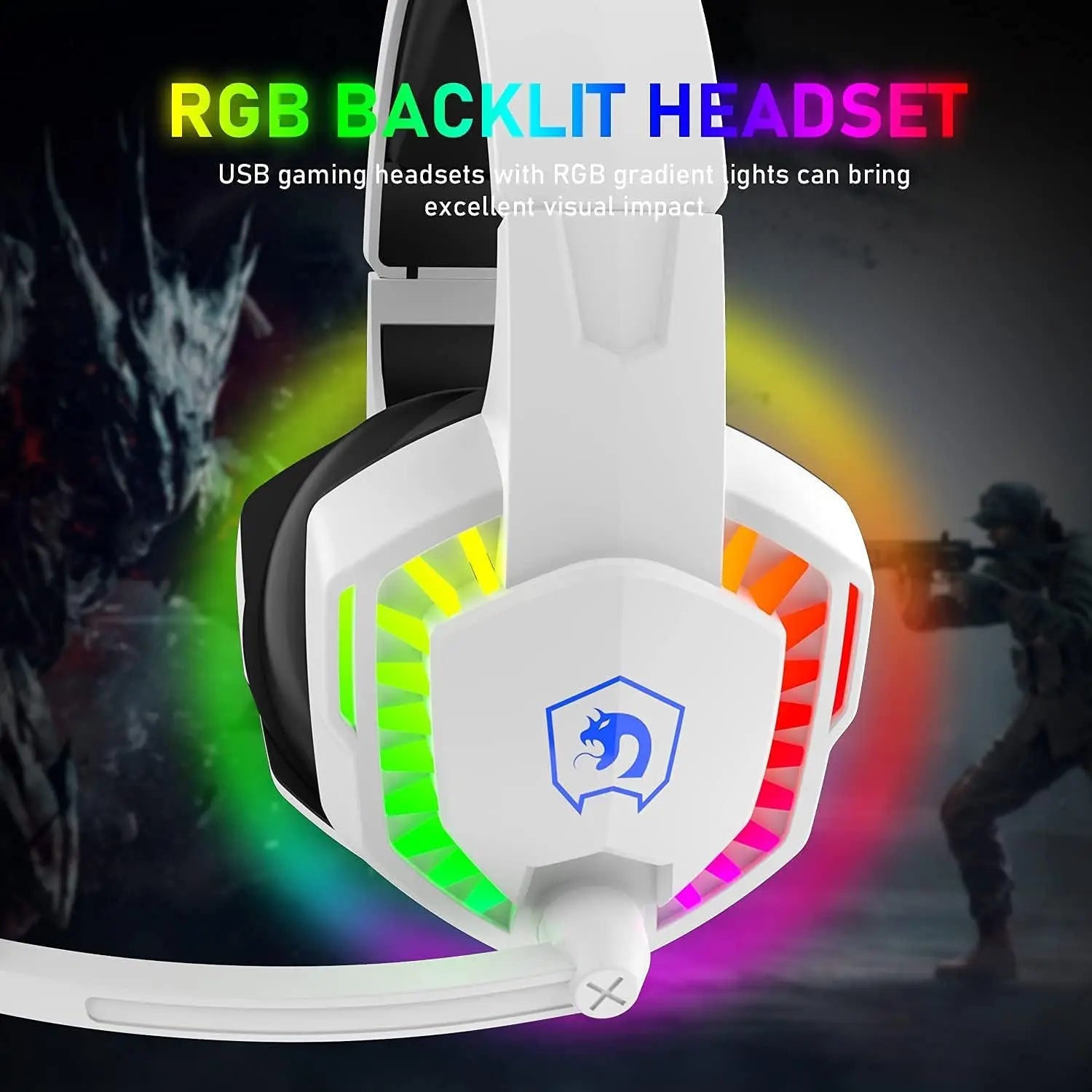 Wired Gaming Headset RGB Backlight Retractable Noise Isolating Microphone Stereo Sound Deep Bass Memory Foam Earmuff