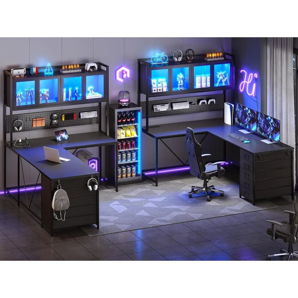 L-Shaped Gaming Desk with LED Lights Power Outlet Drawers & Hutch - Reversible Corner Office Computer Desk - United