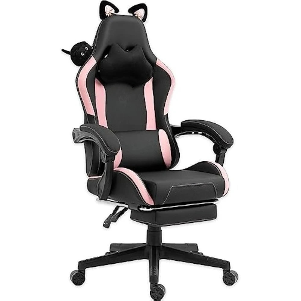 Gaming Chair Cute w/Cat Ears and Massage Lumbar Support 290lbs Ergonomic Computer Chair for Girl with Footrest