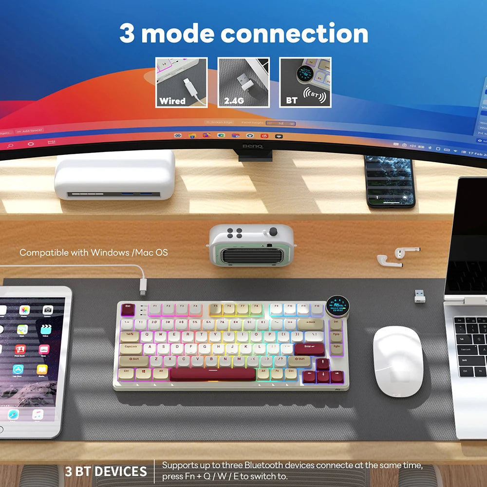 RK N80 Royal Kludge Gamer Keyboard 2.4G Wireless/Bluetooth/USB-C With 80% RGB Backlit Mechanical Keyboard Low Profile