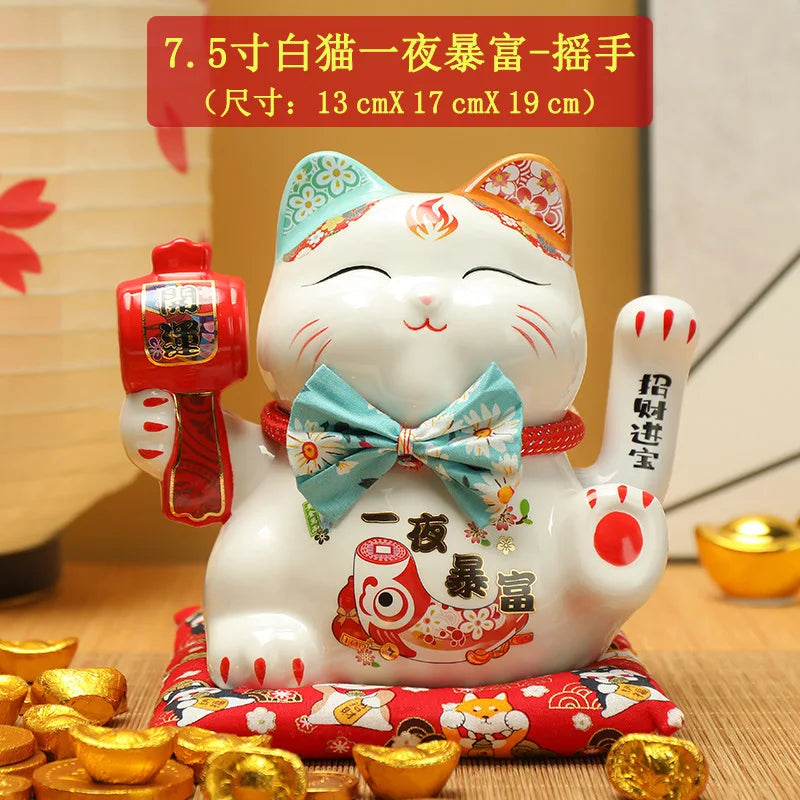 7.5inch Ceramic Beckoning Cat Maneki Neko Ornament Feng Shui Decoration Swing Lucky Cat Cashier Recruitment Cat Desk