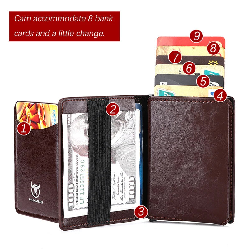Bullcaptain Credit Card Holder Men Wallet RFID Blocking Protected Aluminium Box Leather Wallets with Money Clip Card