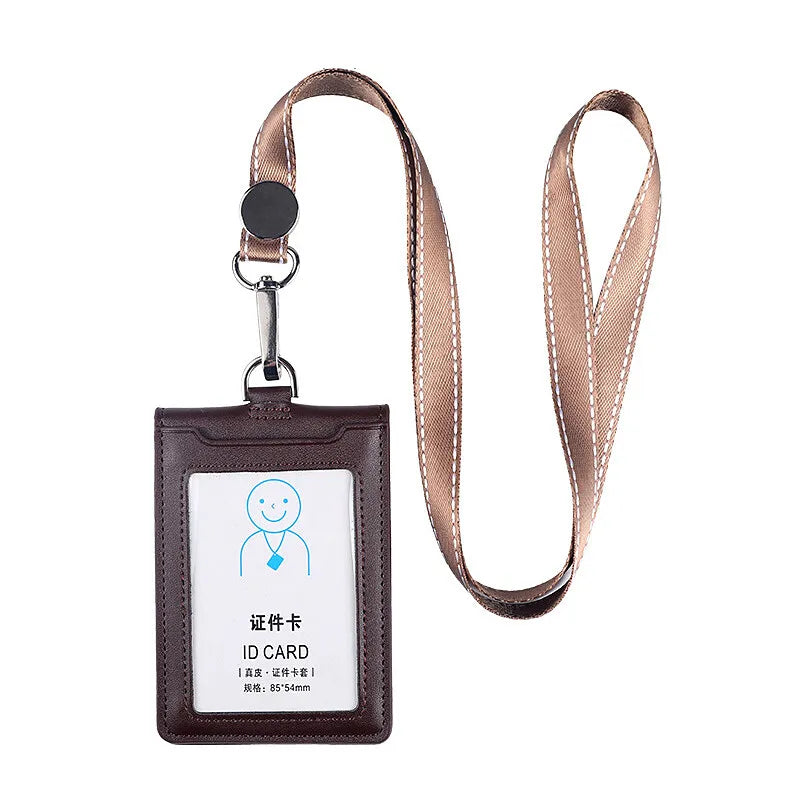 Cowhide ID Card Holder Business Document Case Leather Factory Staff Office Workers Badge Tag Cases with Lanyard