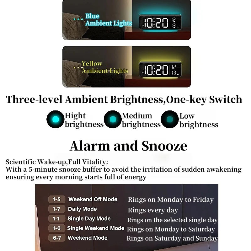 USB Powered Digital Alarm Clock with 11 Colors Mood Light Date Week 2 Alarm 12/24H Night Mode Unlimited Snooze Table
