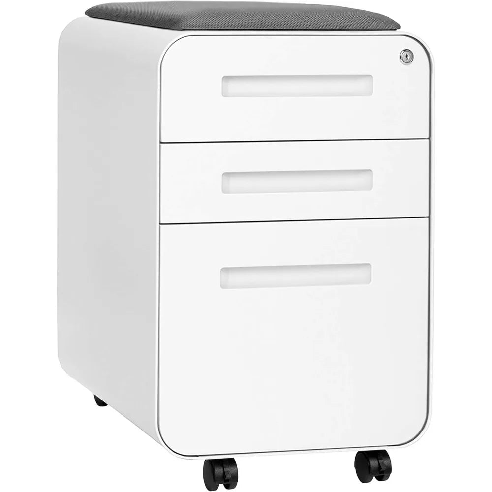 STOCKPILE Curve Seated 3-Drawer Mobile File Cabinet with Removable Magnetic Cushion Seat - Metal Filing Cabinet