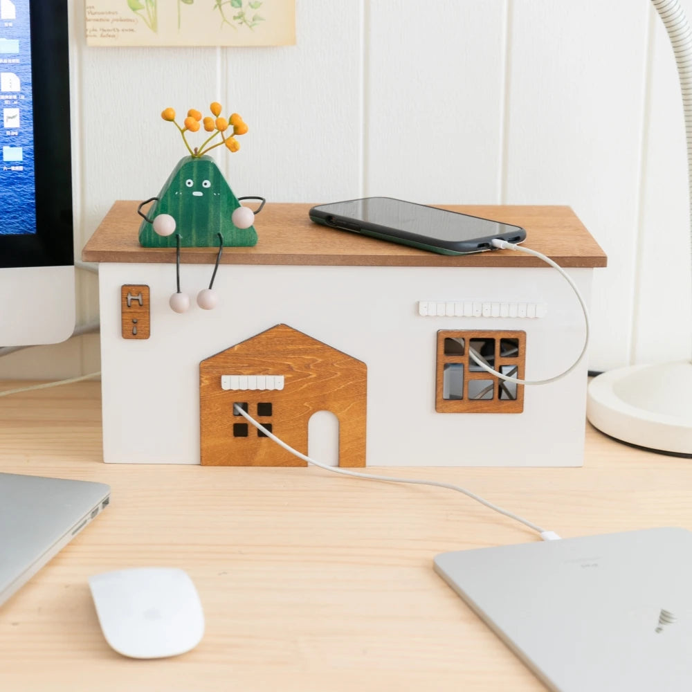 Wooden Desktop Cord Storage Box Desktop Organization Storage Socket Guard Plug Data Cable Charger Storage Home Room