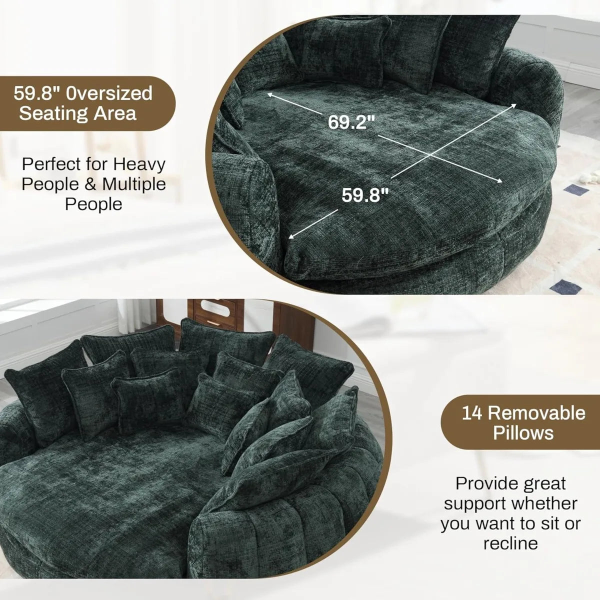 81’’ Round Chaise Lounge Fluffy Bean Bag Sofa with 14 Pillows Emerald Chenille - United States